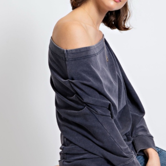 easel Tops - Easel Navy Off-Shoulder Tunic